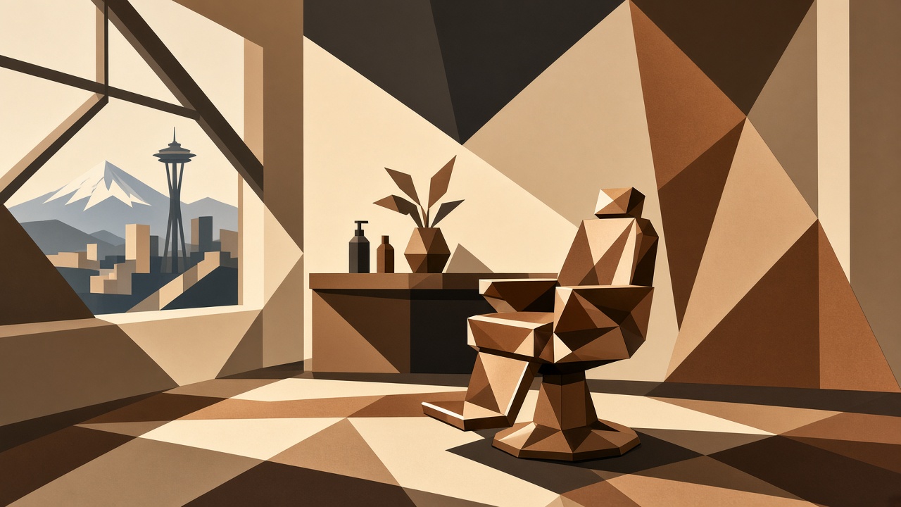 Geometric view of a copper-toned barber chair on Rainier Avenue